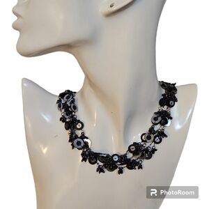 VTG Black Sequin Seed Beaded Cluster Disco Necklace